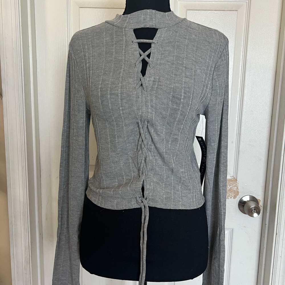 Almost Famous Gray Ribbed Lace-Up Long Sleeve Top